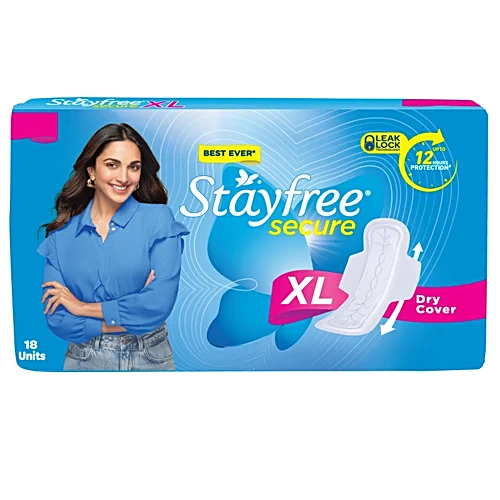 Stayfree Secure Cottony Dry Cover Sanitary Napkin with Wings (XL) 18 pads MRP.135/-